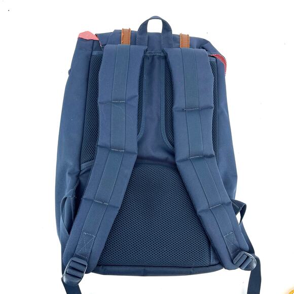 Herschel Navy Canvas Backpack - Red Candy Stripe Lining, Faux Leather Accents - Picture 2 of 7